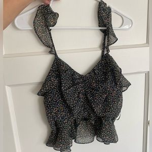 Floral print high quality fabric ruffle detailed top